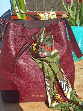 Michael Kors Wine Red Pebbled Leather Bucket Bag with Scarf Leather And Suede